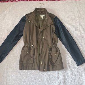 Green Twill Black Faux Leather Cargo Utility Field Jacket